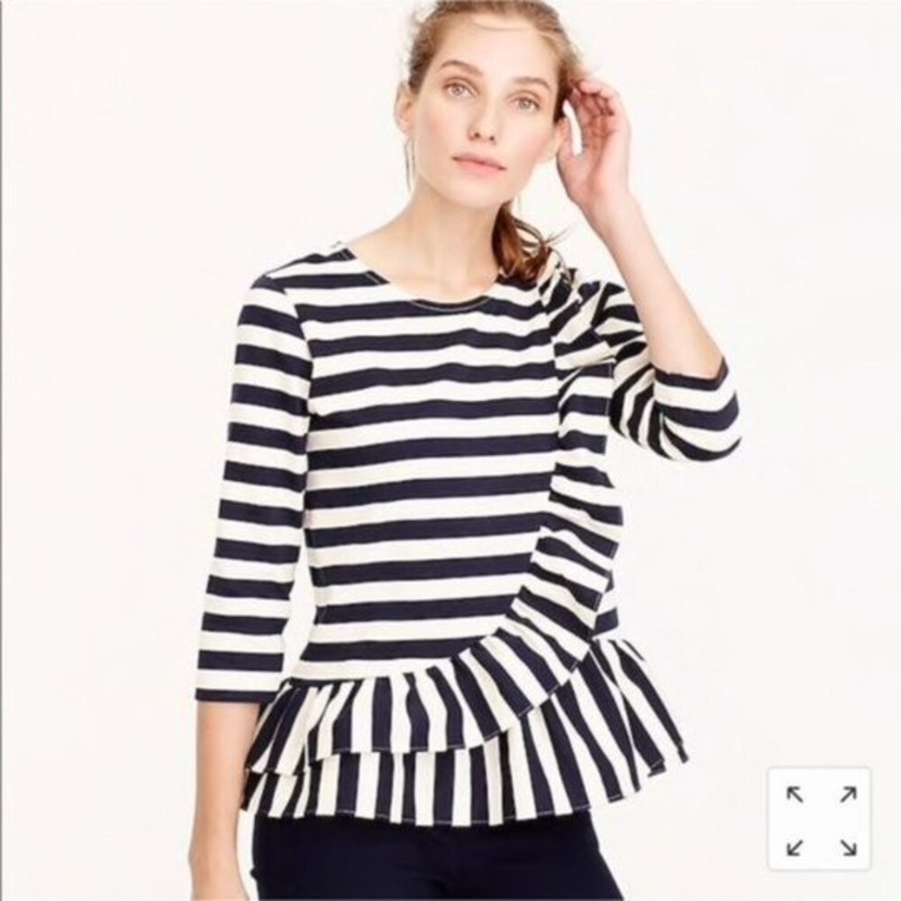 j crew asymmetrical ruffle navy stripe peplum top